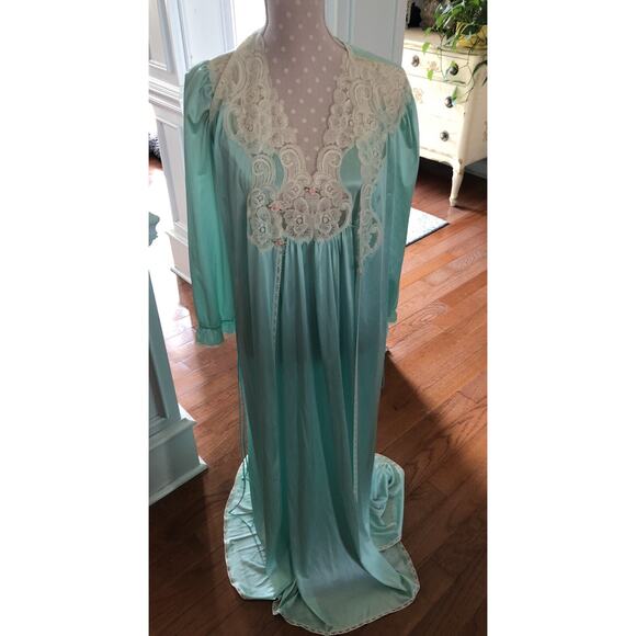 Vtg VANITY FAIR Teal & Ivory Soft Nylon Peignoir Robe Nightgown Set Small New - Picture 1 of 16